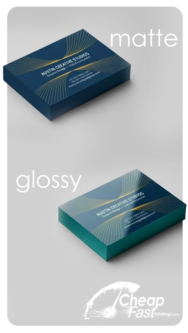 A split-screen-style studio shot. On the left, a stack of 16pt matte business cards with a minimalist design, showing their flat, non-reflective, elegant texture. On the right, the exact same card design, but with a high-gloss UV finish, showing a bright light reflecting off the shiny surface. Text overlays 'Matte: Elegant & Writable' and 'Glossy: Vibrant & Protective'.